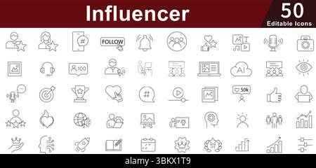 Symbolsatz für Influencer Social Media – 50 bearbeitbare Content Creator-Symbole für digitales Marketing, Markenpartnerschaft und Online-Engagement Vektorsammlung Stock Vektor