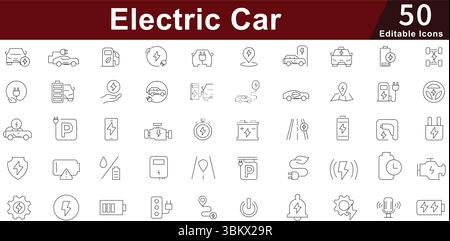 Elektrofahrzeug-Leitungs-Icons-Set – EV, Batterie, umweltfreundlich, Power & Future Mobility. Bearbeitbare Konturvektor-Liniensymbole Stock Vektor