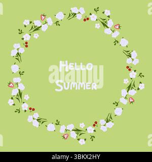 Blumenkranz aus weißen Rosen, kleinen Blumen, Kirschen und Erdbeeren. Flache Pastell-Illustration auf weichem grünem Hintergrund. Stock Vektor
