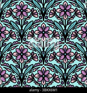 Nahtlose florale Scribble Muster Hintergrund, Motive florale Hand gezeichnet, Scribble-Stil, Jakobsmuster, Design für nahtlose florale Muster, Drucken, Stock Vektor