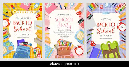 Plakate oder Flyer für die Rückkehr zur Schule. Schulrucksack und Zubehör. Vektorillustration in trendigem flachen Stil Stock Vektor