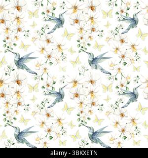Fliegender Kolibri mit weißen Orchideenblüten und Schmetterlingen Aquarellillustration. Handgezeichnetes nahtloses Muster mit tropischer phalaenopsis und Vogel Stockfoto
