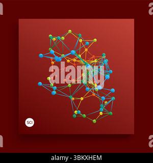 3D-Molekülstruktur mit kugelförmigen Partikeln. Futuristischer Technologiestil. Vektorillustration für Wissenschaft, Chemie oder Bildung. Stock Vektor