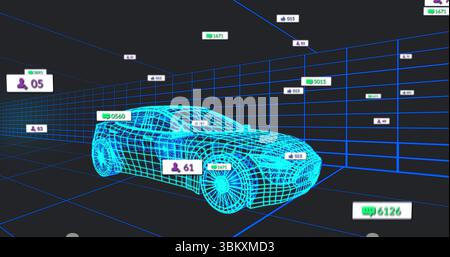 Anzeige neonblauer Wireframe-Sportlimousine, die sich im virtuellen Raster dreht, mit schwebenden UI-Zählern Stockfoto