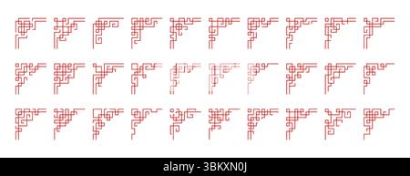 Chinesische Ecken Vektorsatz. Rote japanische Randrahmen, asiatische Vintage-Ornamente isoliert auf Hintergrund. Traditionelle koreanische Dekorationselemente oder alte japanische Linienkultur für Karte und Poster Stock Vektor