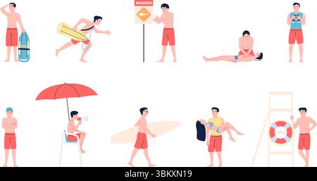 Strandfiguren von Rettungsschwimmer. Rettet Männer in Badeanzügen, mit Fernglas und Megaphonen. Retter, erste Hilfe, retten Menschenleben auf Wasser, neuester Vektorsatz Stock Vektor