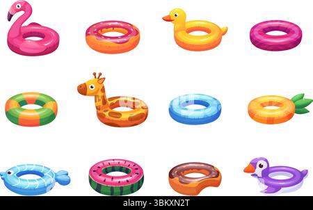 Schwimmringe für Zeichentrickfilme. Gummiring zum Schwimmen und Spielen im Wasser. Aufblasbarer Kreis verschiedene Tiere und Nahrung, Ananas, Flamingo, heute Vektor Stock Vektor
