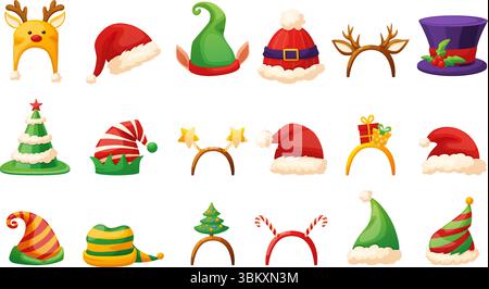 Weihnachts-Cartoon-Haarreif. Isolierte Weihnachtsfeier-Accessoires, santa Elf und Hirschhüte. Neujahrsferien Design, Fotokabine heutzutage Vektor-Set Stock Vektor