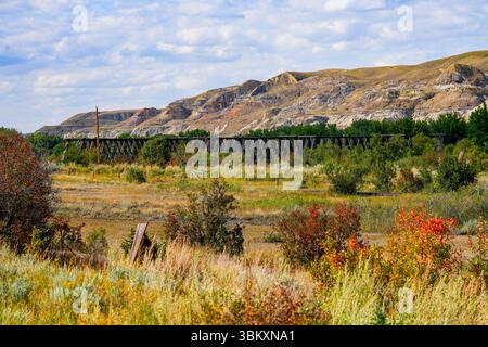 Brücke über den Red Deer River in der Nähe der Atlas Coal Mine im Drumheller Valley, Alberta, Kanada Stockfoto