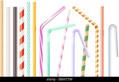 Realistischer Trinkstroh. Plastikhalme für Cocktailgetränk Glas, 3d biegsame Tube rote Streifen wiederverwendbare Papier Bambus Rohre trinken Saft Alkohol Getränke, genaue Vektor Illustration Original Artwork Stock Vektor