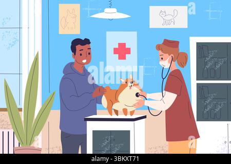 Tierärztliche Untersuchung. Tierarzt Arzt Prüfung Hund in Tierarzt Klinik Cartoon Innenraum, Haustier Überprüfung krank Tier Gesundheit Pflege Welpe Behandlung Krankenhaus Büro, klassische Vektor Illustration Original Kunstwerk Stock Vektor