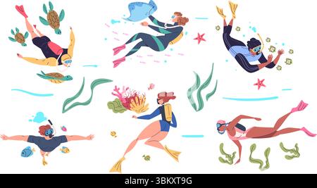 Leute tauchen. Tauchertauchen Meer Ozean Unterwasser, Mann Frau Schnorcheln Schwimmen unter Wasser Korallenriff Frogman Tauchschwimmer Anzug Taucher Ausrüstung, Set klassische Vektor Illustration Original Kunstwerk Stock Vektor
