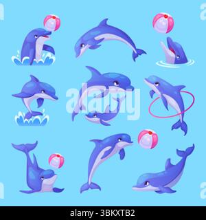 Zeichentrickdelfine. Nette Delfin glückliche Charaktere, Meeresfisch unter Wasser Tier schwimmen springen Spielball im Delphinarium Aquarium Unterwasser Pool Aquatic Park, Swanky Vektor Illustration Original Kunstwerk Stock Vektor