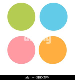 Aquarellillustration mit blauen, rosa, grünen und orangen Kreisen. Weiche Pastellfarben, perfekt für Hintergründe, Textilien und Kinderkunstwerke. Stockfoto