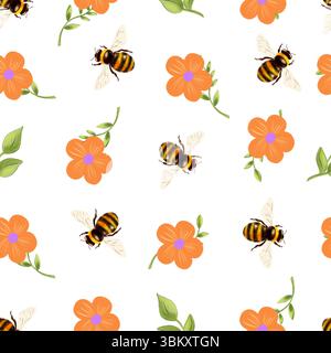 Nahtloses Aquarellmuster mit Hummeln, orangefarbenen Blumen und grünen Blättern. Helles und fröhliches Design, ideal für Frühlings- und Sommerthemen Stockfoto