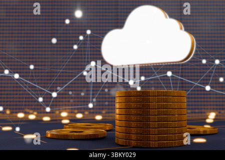 Gestapelte Münzen unter einem Cloud-Symbol symbolisieren Cloud-Computing und digitale Währungsintegration mit Datenverbindungen. 3D-Rendering Stockfoto