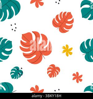 Nahtloses Muster mit Monsterablättern, Blumen, tropischem Motiv, hellen Farben. Grüne, rote und gelbe Elemente. Vektorabbildung. Stock Vektor