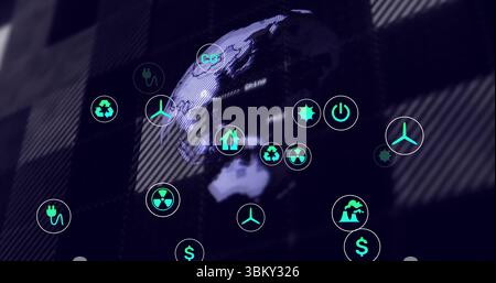 Anzeige der digitalen Kugel, die auf einer dunkelvioletten diagonalen Rasterschnittstelle mit neongrünen Öko-Symbolen schwimmt Stockfoto