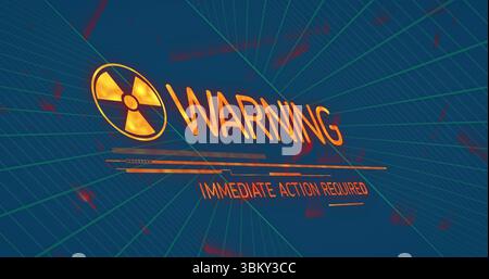 Anzeige des Alarms mit Strahlungssymbol, WARNTEXT und Überlagerung des Fortschrittsbalkens auf grünem 3D-Raster Stockfoto
