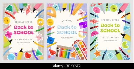 Plakate oder Flyer für die Schulzeit. Bunte Bleistifte und mathematische Figuren. Vektorillustration in trendigem flachen Stil Stock Vektor