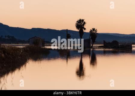 Sonnenuntergang über Valencias Albufera-Reisfeldern mit Orangetönen und Wasserreflektionen, rustikalen Bauernhöfen und sich wiegenden Palmen Stockfoto