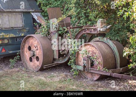 Eine verlassene alte Aveling Barford Pioneer-Straßenwalze, die langsam in einer Essex-Hecke rostet (UK) Stockfoto
