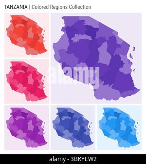 Tansania Kartensammlung. Länderform mit farbigen Regionen. Dunkelviolett, Rot, Rosa, Lila, Indigo, blaue Farbpaletten. Stock Vektor