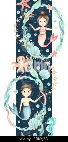 Meerjungfrauen Mädchen, Junge im Rahmen Algen, Kraken, Seepferdchen, Seesterne nahtlose Grenze. Unterwasser-Aquarell-Kinderillustration isoliert auf Dunkelheit Stockfoto