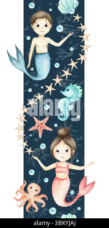 Meerjungfrauen Mädchen, Jungen, Seepferdchen, Seesterne, Tintenfische, nahtlose vertikale Grenze mit Sternen. Aquarell-Kinderillustration isoliert in der Nacht Stockfoto