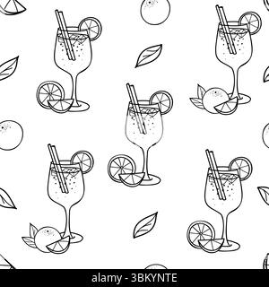 Nahtloses Cocktailmuster. Aperol Spritz und Orangenfrucht. Handgezeichnete Tusche Illustration im Doodle-Stil. Für Restaurantmenüs und Bardesign. Stock Vektor