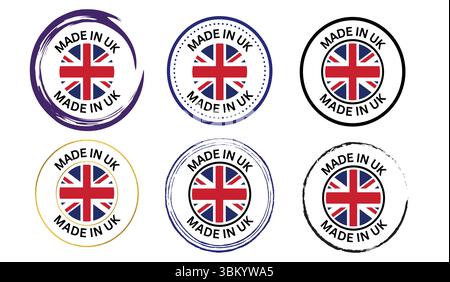 Verschiedene „Made in UK“-Abzeichen mit UK-Flagge, Vektordesigns für Banner, Poster und Karten Stock Vektor