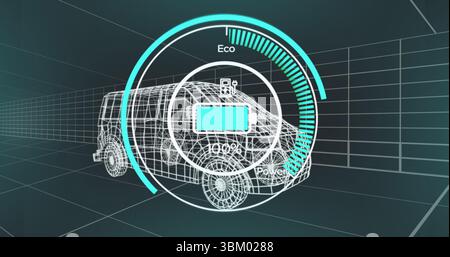 Zeigt den Wireframe-Van innerhalb des grünen Rasters an, wobei das runde Batterie-HUD die Etiketten „Eco“ oder „Power“ anzeigt Stockfoto
