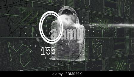 Das pixelförmige Vorhängeschloss-Symbol überlagert das virtuelle Sicherheits-Dashboard und zeigt Globus- und Kartenraster an Stockfoto