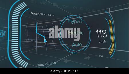 Anzeigen eines futuristischen Head-Up-Displays im Fahrerhaus mit Navigationspfeil, Distanz und Modusrad Stockfoto