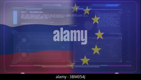 Anzeige der Scan-Schnittstelle über geteilten Russland- und EU-Flaggen, Anzeige des Scancodes und der Weltkarte Stockfoto