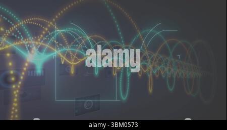 Anzeige von mehrfarbigen Wellenformbögen und gepunkteten Streams über die holografische Benutzeroberfläche mit Rahmen und Bedienfeldern Stockfoto