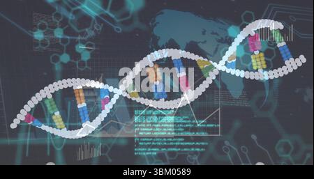 Anzeige einer digitalen DNA-Helix-Grafik mit farbigen Blöcken auf der Oberfläche, mit Weltkarte und Karten Stockfoto
