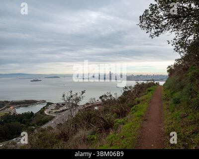 Ein malerischer Blick von einem Wanderweg mit Blick auf die San Francisco Bay, Alcatraz Island, die Golden Gate Bridge und die Skyline von San Francisco unter einem bewölkten Himmel, die die natürliche Schönheit und urbane Landschaft der Bay Area zeigt. Stockfoto