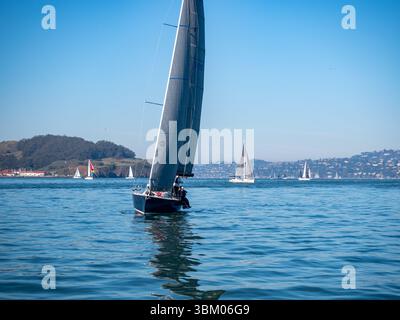 Ein Segelboot mit einer Besatzung segelt auf dem Wasser, mit anderen Segelbooten im Hintergrund, die möglicherweise an einem Rennen oder einer Regatta teilnehmen. Stockfoto