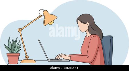 Freiberufliche Frau, die am Schreibtisch arbeitet Stock Vektor
