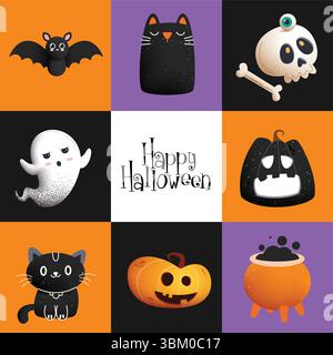 Happy Halloween Charaktere Clipart Set. Halloween nahtloses Muster im geometrischen Konzept mit Fledermaus-, Schädel-, Geist-, Kürbis- und Kessel-Elementen in Farbe Stock Vektor