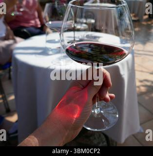 Rotwein im Glas auf der Terrasse im Weinberg mit abstraktem Sonnenlicht Stockfoto