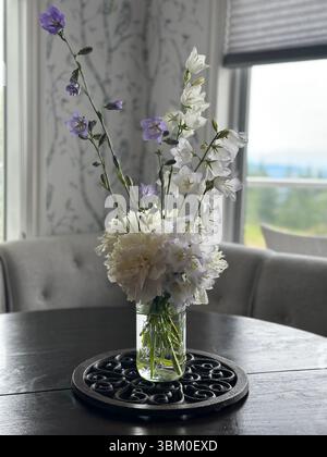 Elegantes Blumenarrangement aus weißen Pfingstrosen und lila campanula in Glasvase auf einem runden dunklen Holztisch mit einem hellen Fenster, das eine ruhige Atmosphäre vermittelt. Stockfoto