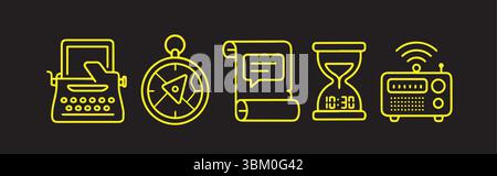 Sammlung wesentlicher Symbole: Zeit-, Kommunikations- und Technologiesymbole Stock Vektor