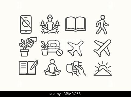 Liniensymbole für tägliche Routine, die Wellness und Produktivität darstellen Stock Vektor