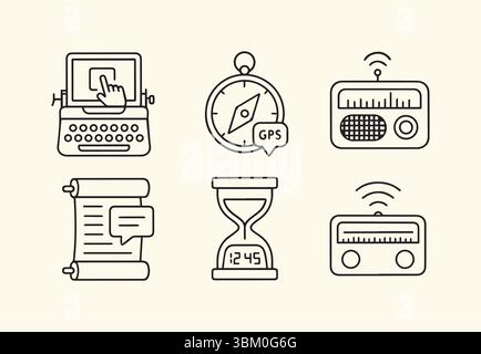 Sammlung wesentlicher Symbole: Zeit-, Kommunikations- und Technologiesymbole Stock Vektor