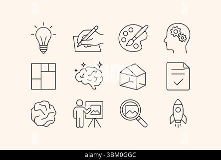 Eine Reihe von Liniensymbolen, die den kreativen Prozess darstellen, einschließlich Ideengenerierung, Brainstorming, Kunst und Innovation. Stock Vektor