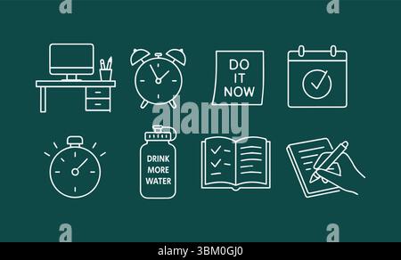 Steigern Sie die Produktivität mit wichtigen Symbolen für Zeitmanagement und Aufgabenabwicklung Stock Vektor