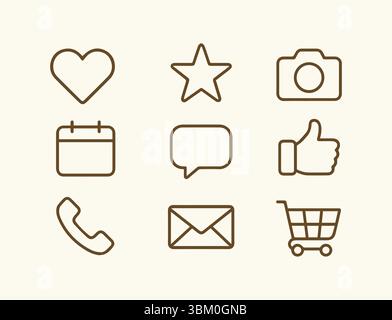 Sammlung wichtiger Symbole wie Herz, Stern, Kamera, Kalender, Sprechblase, Daumen hoch, Telefon, E-Mail und Globus. Perfekt für das Internet. Stock Vektor
