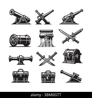 Sammlung mittelalterlicher Waffen und Schatzsymbole im schwarzen Silhouettenstil für Spiele oder Illustrationen Stock Vektor